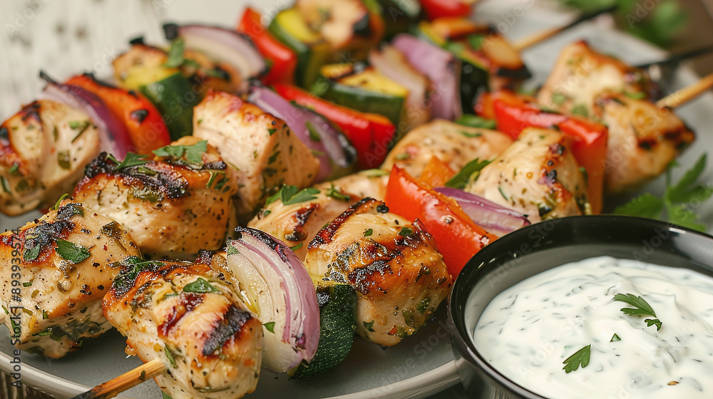Grilled chicken skewers with vegetables and yogurt dip Grilled chicken skewers with vegetables and yogurt dip