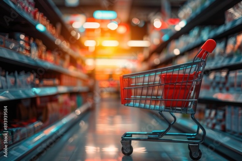 A shopping cart filled with groceries navigates through a supermarket aisle, surrounded by shelves stocked with various products