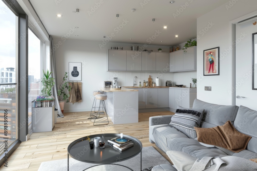 Interior of modern kitchen with white walls, wooden floor, gray sofa and grey cupboards. Interior of modern kitchen with white walls, wooden floor, gray sofa and grey cupboards.