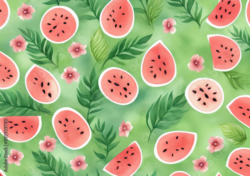 watercolor illustration of watermelon slices and green leaves on white background, floral pattern, postcard design, drawing