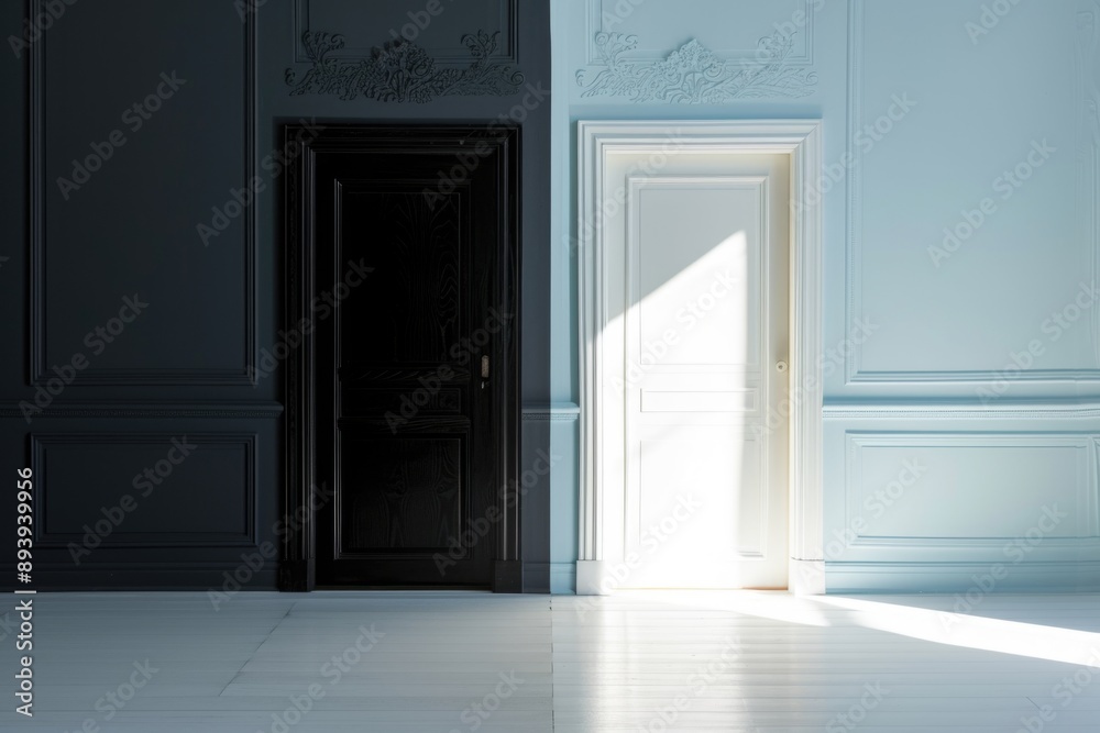 An empty room with a black door and a white door, illuminated by a window. Serene and mysterious, inviting curiosity and exploration An empty room with a black door and a white door, illuminated by a window. Serene and mysterious, inviting curiosity and exploration