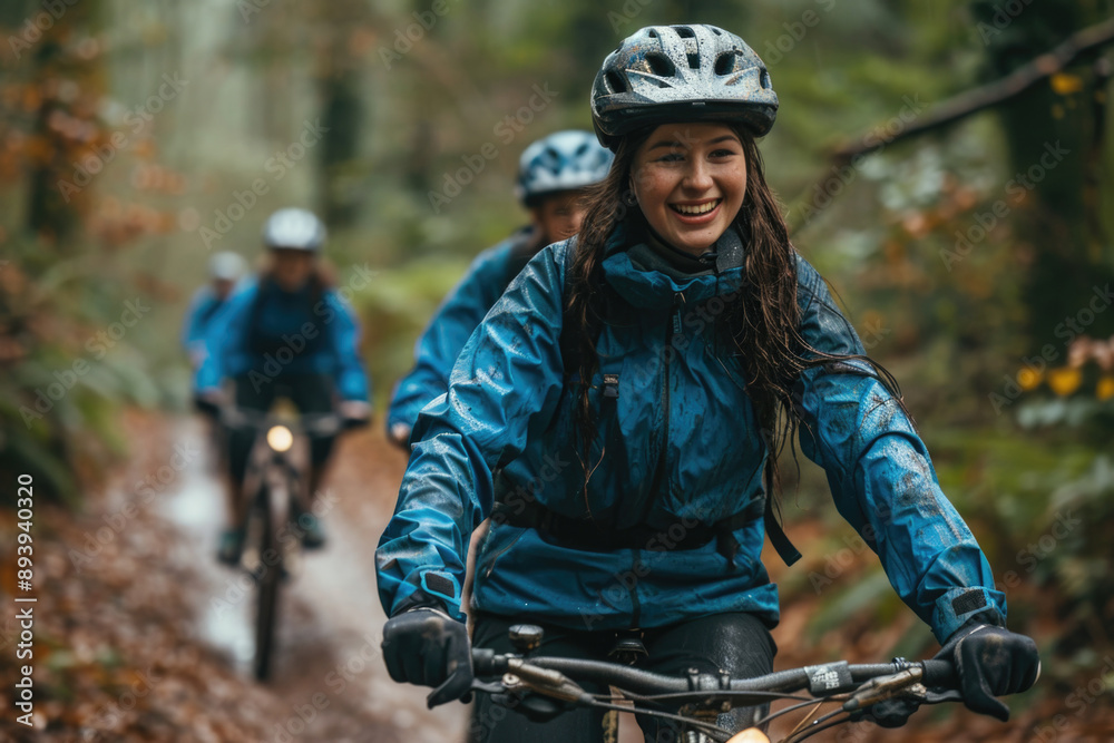 Woodland expedition: Mountain bikers venture into the heart of a lush forest, led by a smiling rider in blue. Woodland expedition: Mountain bikers venture into the heart of a lush forest, led by a smiling rider in blue.