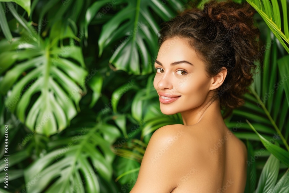 A woman with a joyful expression standing in front of a lush green plant
