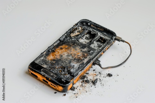 A burnt cell phone lies abandoned on the ground, showing signs of irreparable damage. The device appears charred and nonfunctional, symbolizing loss and destruction photo