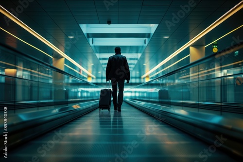 Black man walks through airport terminal carrying suitcase on moving walkway, modern architecture and travel atmosphere. High-resolution photo offers natural lighting and copyspace for creative use.