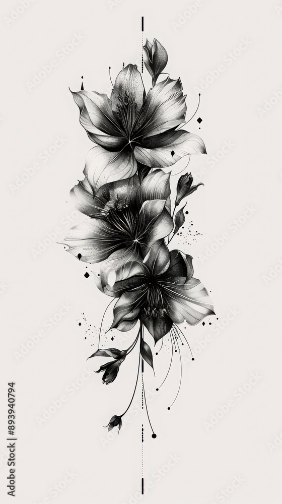 Fototapeta premium Monochrome floral illustration featuring detailed black and white flowers arranged vertically on a light background. Suitable for tattoo designs, art prints, and interior decor, emphasizing elegance a