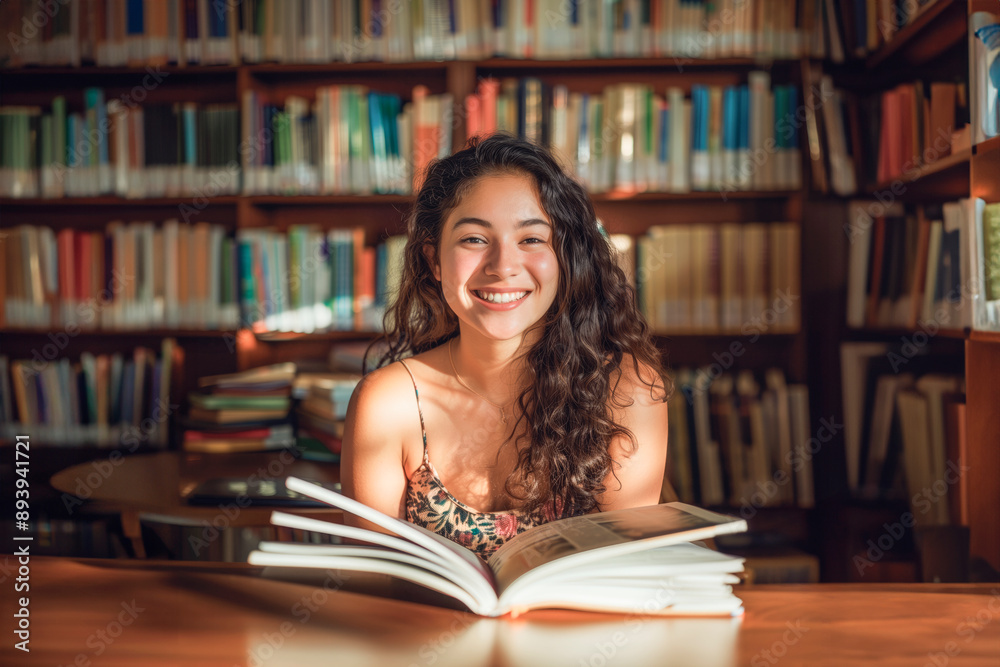 College student girl with Latin features studying with textbooks in the university library for exams. Young female student studies in the library reading a book. College student girl with Latin features studying with textbooks in the university library for exams. Young female student studies in the library reading a book.