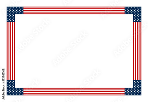 American flag motif, horizontal rectangle frame. Decorative rectangular border made of made with stars and stripes pattern, based on the national flag of the United States. Isolated illustration.