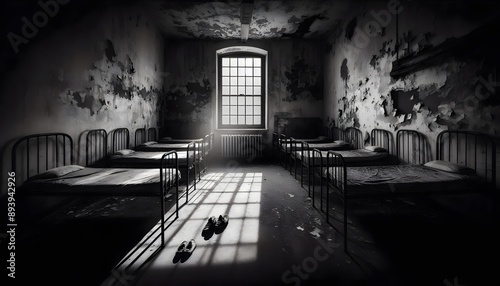 Beds inside a terrifying abandoned orphanage