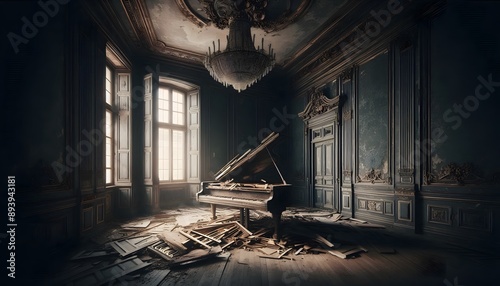 Old piano inside an abandoned palace