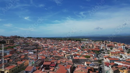 Aerial view of little town of Sant'Antioco houses at sunrise in italy photo