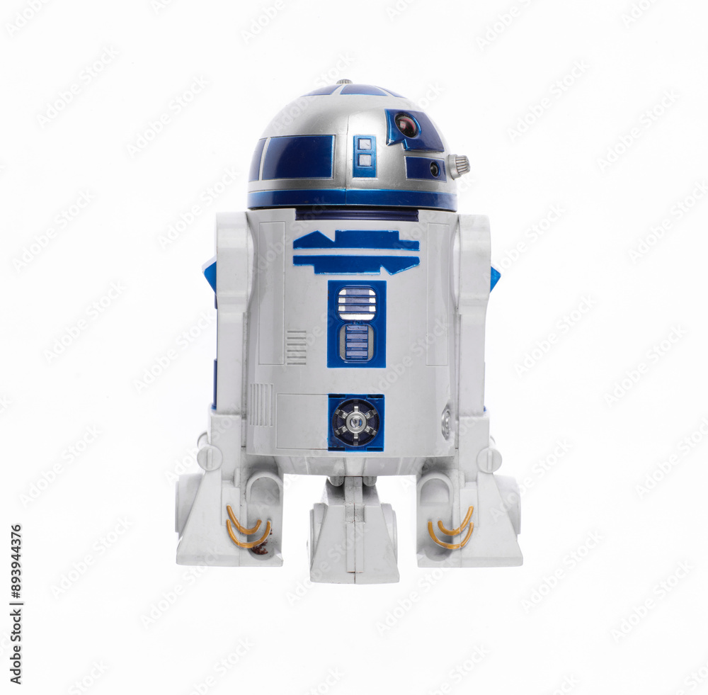 Fototapeta premium Kazakhstan, Almaty, 07/21/2024: star wars space robot isolated on white background