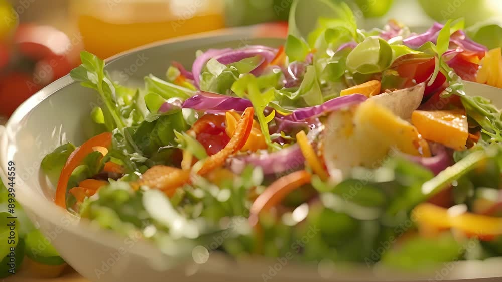 A closeup of a bowl of fresh salad filled with colorful vegetables and a zesty dressing. A closeup of a bowl of fresh salad filled with colorful vegetables and a zesty dressing.