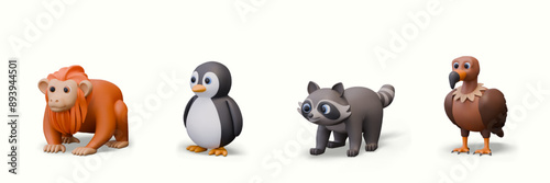 Realistic figurines of wild animals and birds. Uakari, penguin, raccoon, vulture