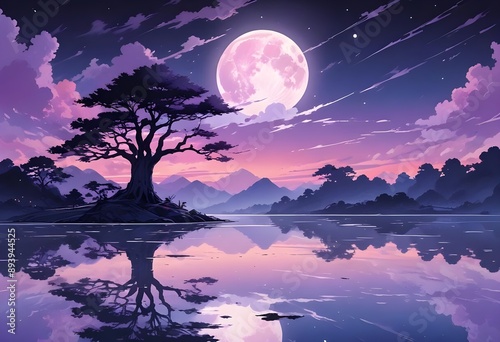 A lone tree with a large purple cloud-like canopy reflected in a still body of water, surrounded by a minimalist purple and black landscape