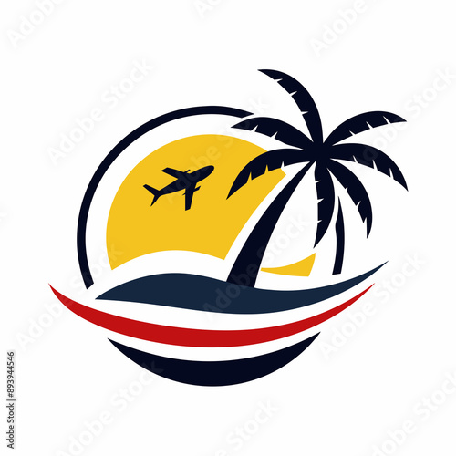  logo shows a sunset with an airplane flying near a palm tree, suggesting themes of travel and vacation photo