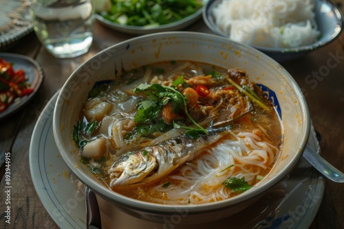 Traditional or classic fish soup with white rice noodles from Myanmar is called mohinga - generative ai photo