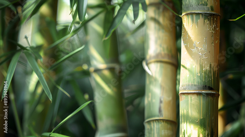 Lush green bamboo forest with tall, slender trees stretching towards the sky in natural beauty.