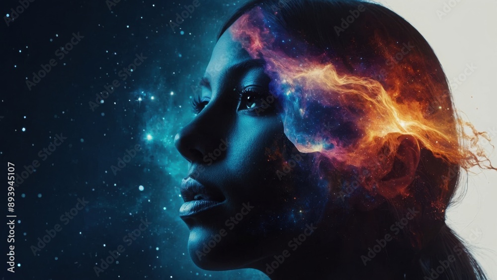 Cosmic Fusion - Double Exposure Silhouette of Woman's Face and Vibrant Galaxy in 8K Ultra HD Resolution Cosmic Fusion - Double Exposure Silhouette of Woman's Face and Vibrant Galaxy in 8K Ultra HD Resolution