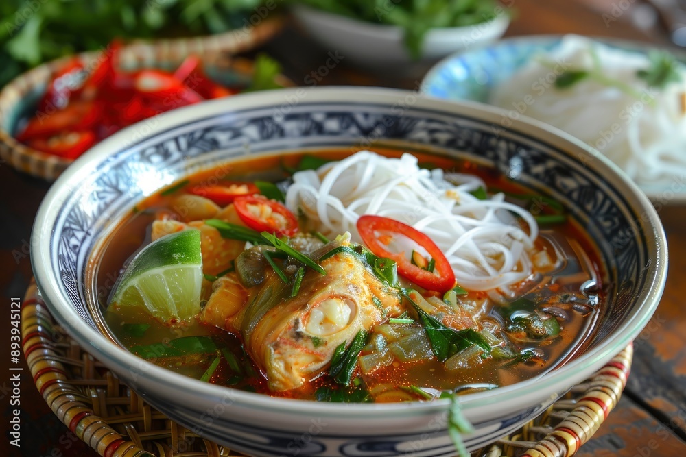 Traditional or classic fish soup with white rice noodles from Myanmar is called mohinga - generative ai Traditional or classic fish soup with white rice noodles from Myanmar is called mohinga - generative ai