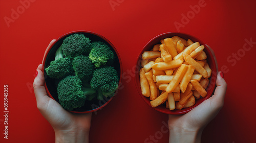 Two bowls, one with broccoli and one with fries, are being held by a person