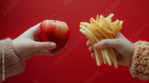 One person holding an apple and a bag of fries in backgroung red