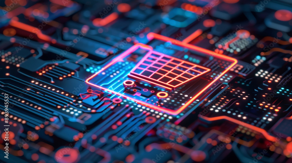 Neon shopping cart icon on digital circuit board Neon shopping cart icon on digital circuit board