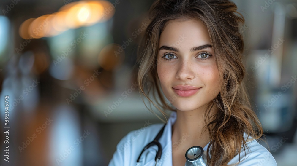 A young female doctor with a stethoscope around her neck, smiling confidently, standing in a hospital setting with blurred lights in the background, symbolizing health and compassion. A young female doctor with a stethoscope around her neck, smiling confidently, standing in a hospital setting with blurred lights in the background, symbolizing health and compassion.