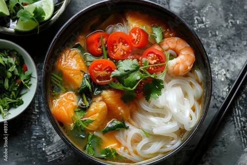 Traditional or classic fish soup with white rice noodles from Myanmar is called mohinga - generative ai photo