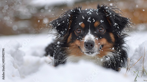 A charming black and tan dog is seen delighting in the snowy outdoors, with snowflakes adorning its fur. This serene winter snapshot conveys a joyful and peaceful moment in nature.