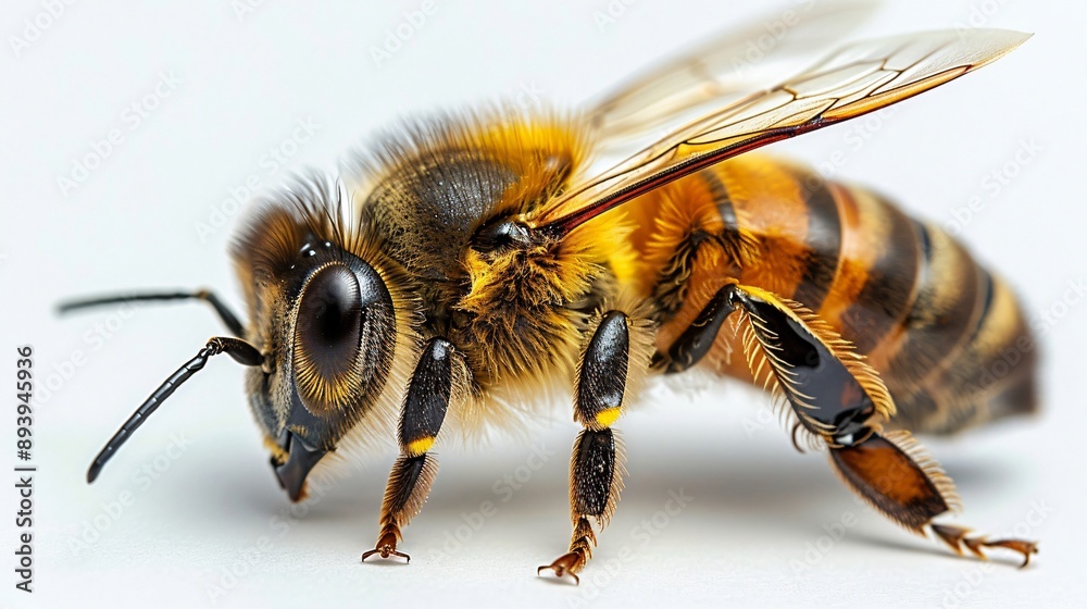 This high-resolution close-up image of a honeybee showcases its detailed textures, including the fuzzy body and translucent wings, highlighting the intricate beauty of the insect. This high-resolution close-up image of a honeybee showcases its detailed textures, including the fuzzy body and translucent wings, highlighting the intricate beauty of the insect.
