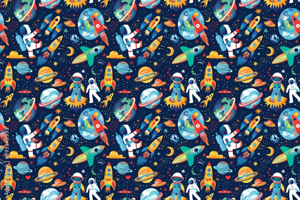 Naklejka premium A whimsical child's imagination of space with astronauts, aliens, and colorful spaceships
