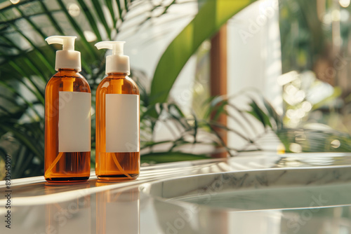 A close-up of skincare product orange bottles with a blank white mock-up lable with a bathroom in a tropical luxury hotel in the background