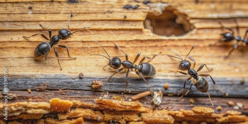Close up of carpenter ant destruction in wooden structure, carpenter ant, destruction, wood, infestation, pest control