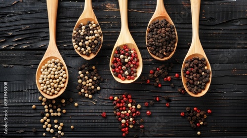 Peppercorn samples displayed on bamboo spoons against black wooden table