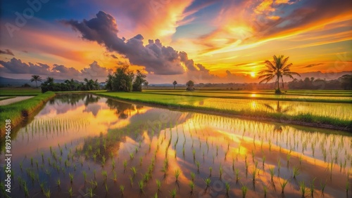 Wallpaper Mural Scenery of peaceful paddy field reflecting the warm colors of sunset , paddy field, sunset, rural, agriculture, landscape Torontodigital.ca