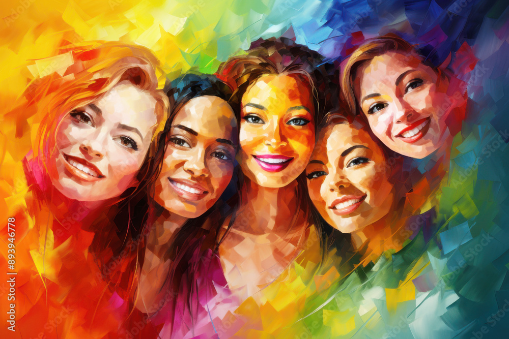 Obraz premium Happy Smiling Multinational Women Group Acrylic Painting. Canvas Texture, Brush Strokes.