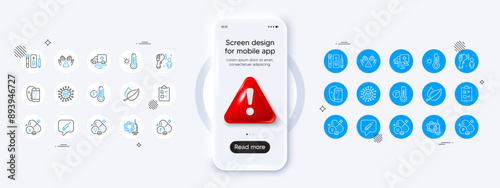 Ambulance transport, Mint leaves and Phosphorus mineral line icons. Phone mockup with 3d danger icon. Pack of Fahrenheit thermometer, Checklist, Face biometrics icon. Vector