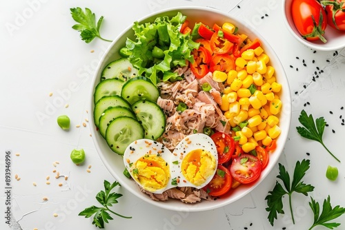 Tuna salad with egg, vegetables and corn in a white bowl, white background, top view - generative ai