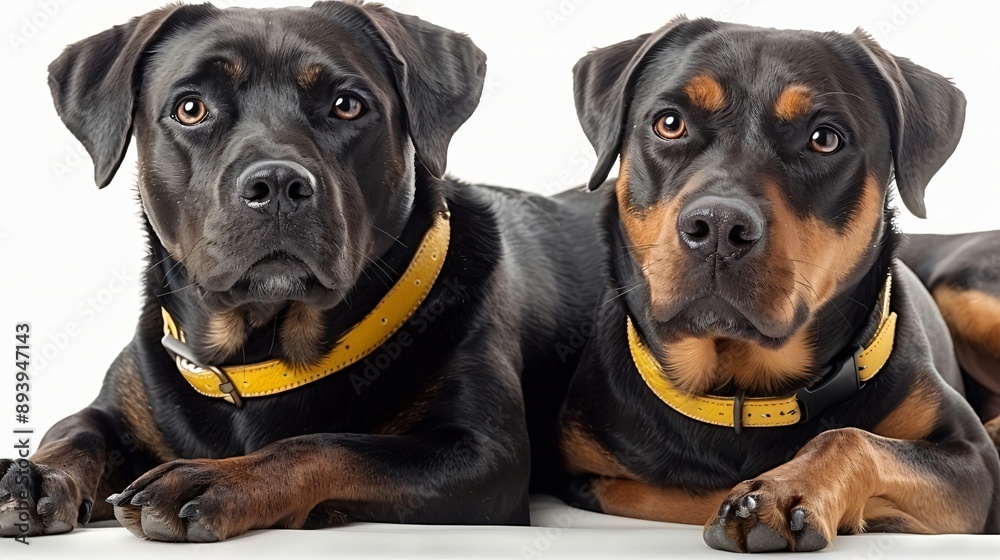 Obraz premium A charming image of two black and brown dogs with yellow collars, posed together facing the camera. Their expressive eyes and matching collars convey a sense of companionship and harmony.