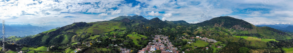 Fototapeta premium Tarso, Antioquia - Colombia - July 21, 2024. Aerial photograph with drone of the municipality, 94.3 km from the city of Medellin.