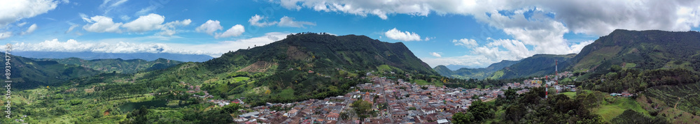 Fototapeta premium Pueblorrico, Antioquia - Colombia - July 21, 2024. Image with drone, It was founded on October 3, 1866 and erected as a municipality on March 16, 1911.