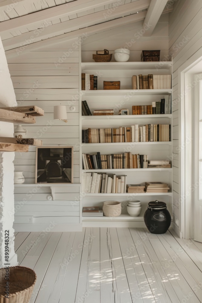 interior of a wooden house with bookshelves and black pot interior of a wooden house with bookshelves and black pot
