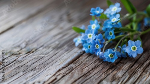 Forget me not flower on wooden surface with text space photo