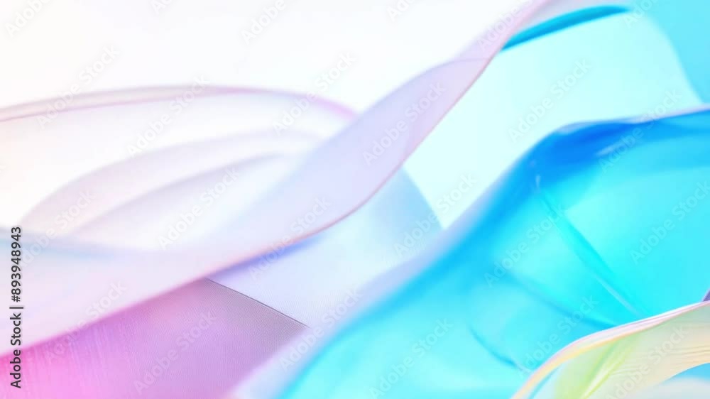 Gradient fabric in pastel colors, liquid fluid collected in layers, moves and shimmers on a light background. Abstract animation multicolor hue flower shaped fabric, 3D futuristic motion design 4K