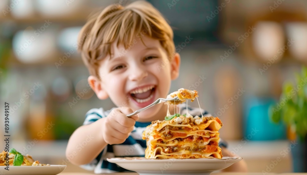 Happy Child Enjoying Delicious Lasagna Happy Child Enjoying Delicious Lasagna