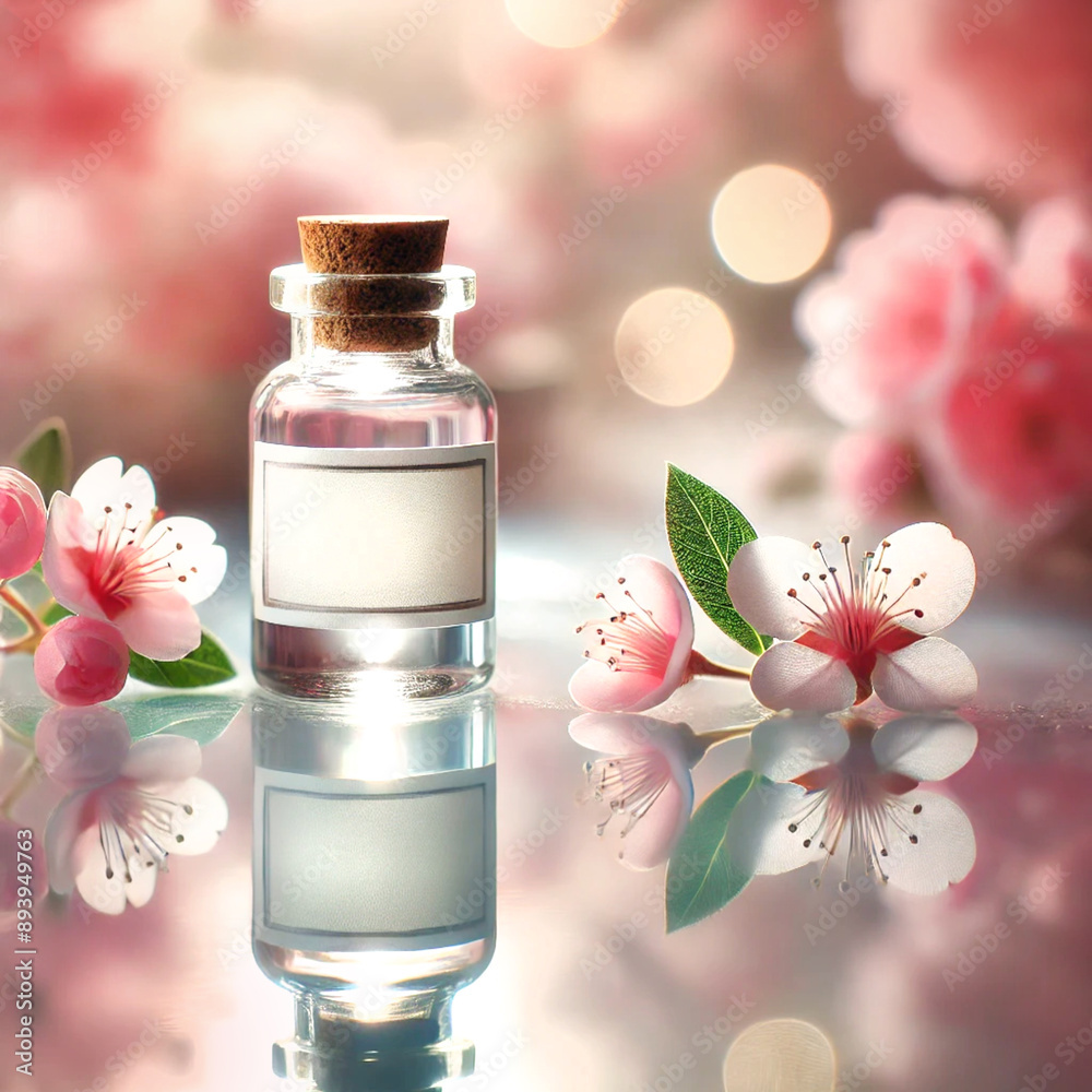 Small glass bottle with a white label surrounded by delicate pink flowers. The bottle is placed on a reflective surface