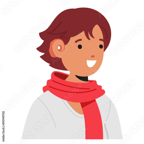 Smiling Boy Wearing A Hearing Aid And A Red Scarf. Character Promoting Hearing Accessibility And Cheerful Vibes