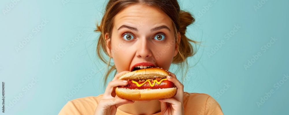 Woman Eating A Hot Dog With Mustard Woman Eating A Hot Dog With Mustard