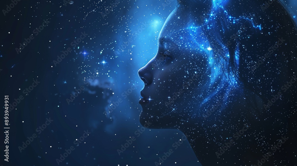 Human head profile with interconnected lines on a starry blue ...